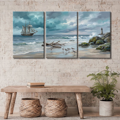 Sailing Ship Lighthouse Coastal Beach Landscape - Premium Gallery Wrapped Canvas Prints Set Of 3