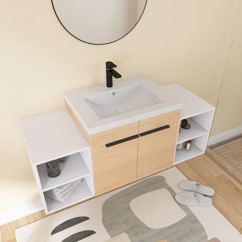 Meuble-lavabo mural Zexar de 48 po avec lavabo en résine, deux tablettes de rangement ouvertes, hauteur réglable, poignées en métal noir, portes à fermeture amortie, finition chêne naturel