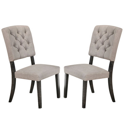 De 2 chaises de salle à manger, gris et beige antique, rembourrées en tissu, dossier à boutons, chaise en chêne vieilli beige 2, siège rembourré, boîte avec mousse de 4 po, profondeur de 18 po, hauteur de 19 po, pieds fuselés en bois d'hévéa massif, épaisseur de 2 po,