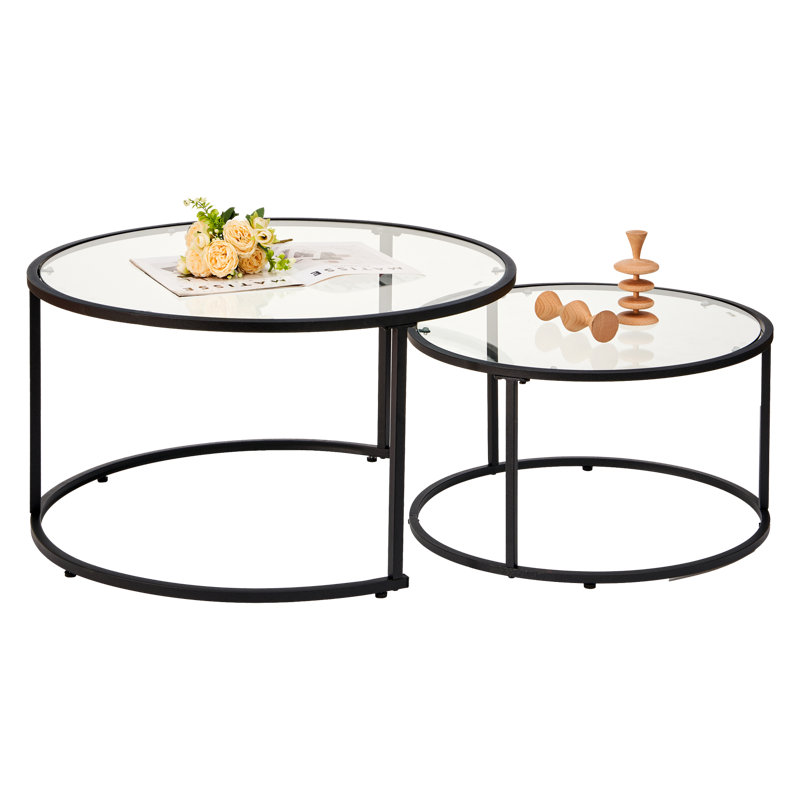 Ensemble de 2 tables basses Modern Modern, structure en métal avec plateau en verre trempé, tables empilables pour le salon, assemblage facile (structure noire)
