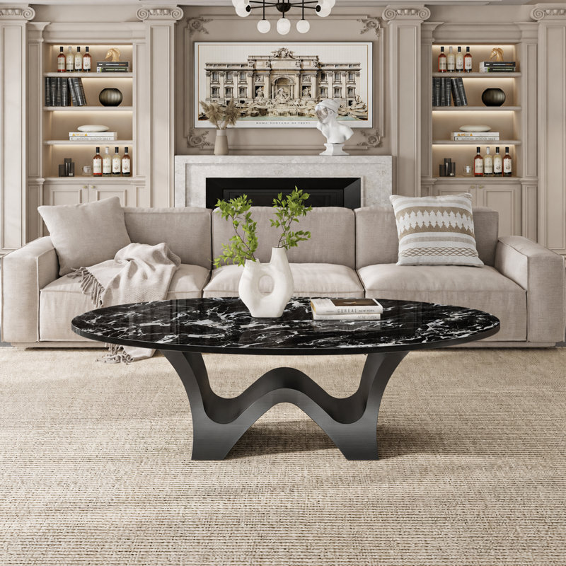 Table basse ovale moderne de 125 cm (49,2 po), plateau en pierre frittée imitation marbre, piètement minimaliste en métal sculptural, montage facile