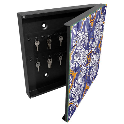 Key cabinet for wall, Opens to the left, 30x30x5, White, Symmetrical patterns with plant motifs, 