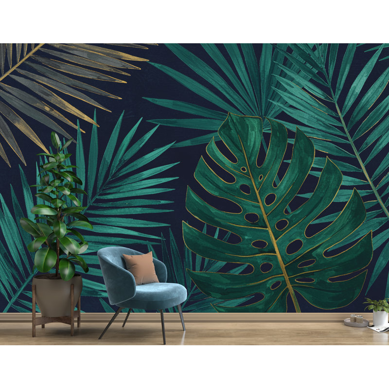 Adhésif mural feuille tropicale, aquarelle - feuille tropicale, L 100 po x l 70 po, Premium Non-Woven