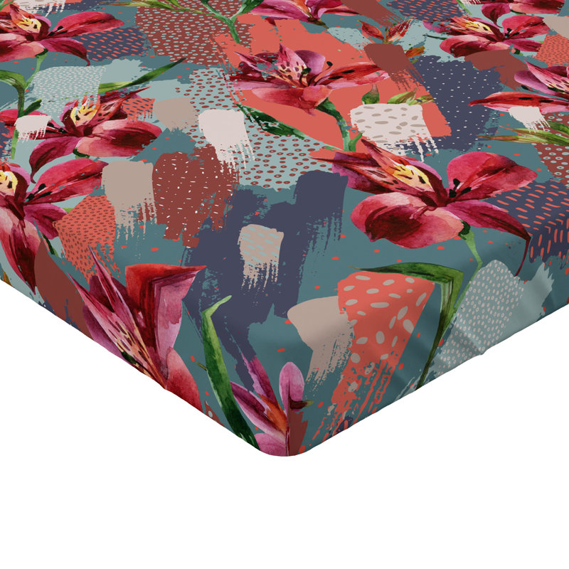 Drap-housse Ambesonne, Drap-housse très grand californien, Rose foncé / corail / motif floral indigo