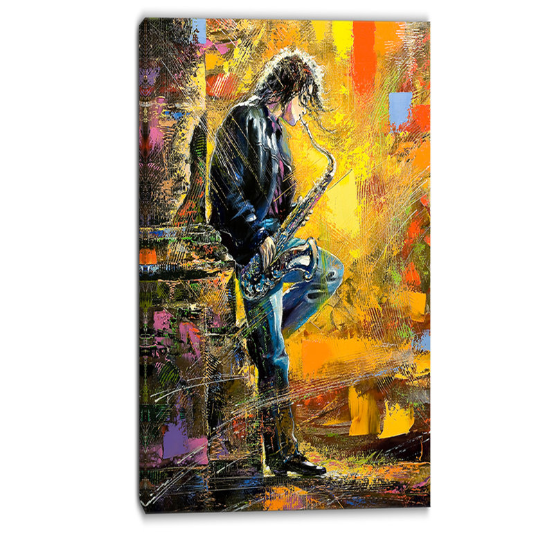 Saxophoniste contemporaine, reproduction d’art sur toile tendue, H 32 po x l 16 po