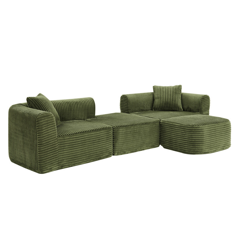 114" Cloud Sectional Couch with L-Shape Chaise, Modular Sofa  with Movable Ottoman, Upholstered Couches for Living Room Bedroom, No Assembly Required, Green