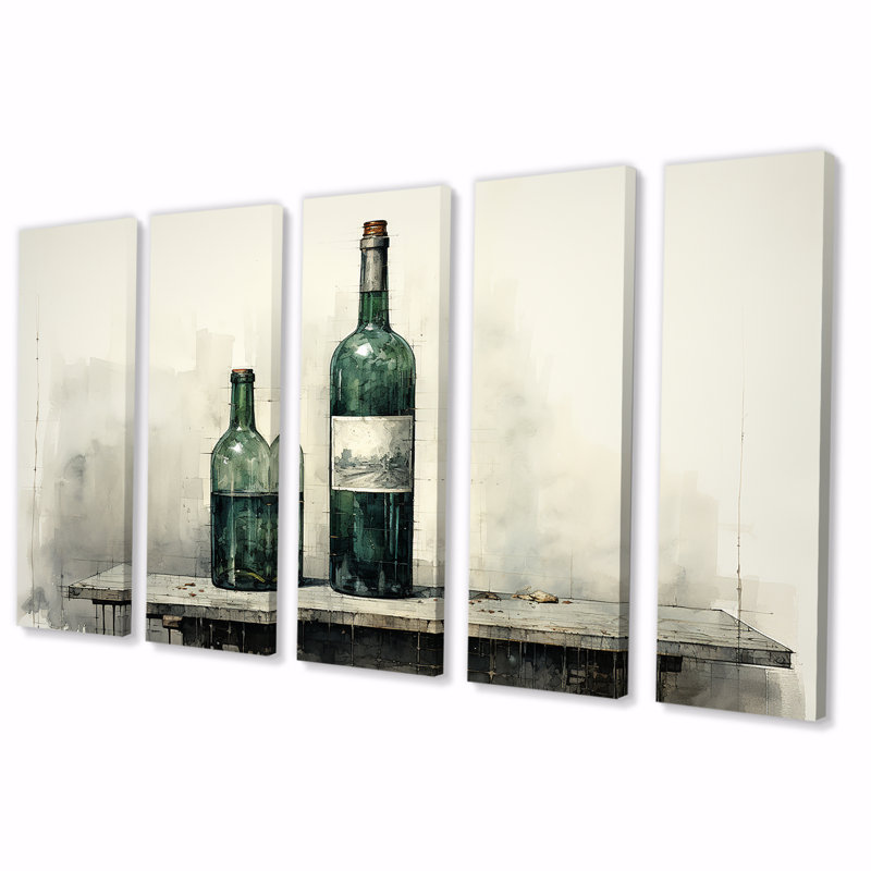 «Green Minimalist Wine Bottles Silhouette II - Wine», ensemble de 5 décorations murales, H 28 po x l 60 po