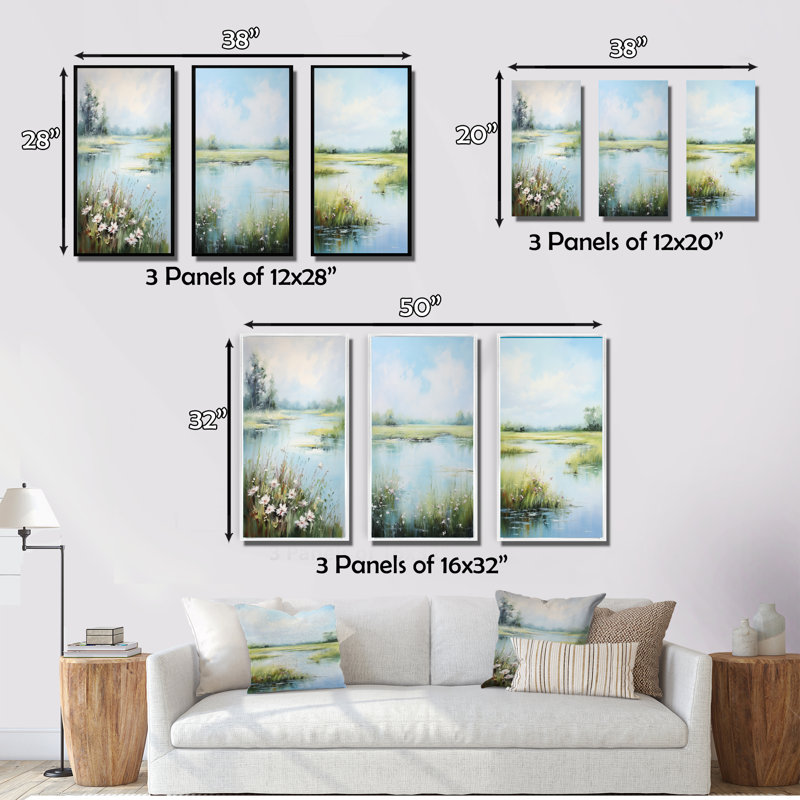«Meadow Tranquil Waters», 3 pièces sur toile, Encadré naturel, H 40 po x l 60 po