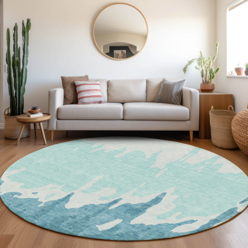 Premium Machine Washable Prisco Teal Rug, Round 8'