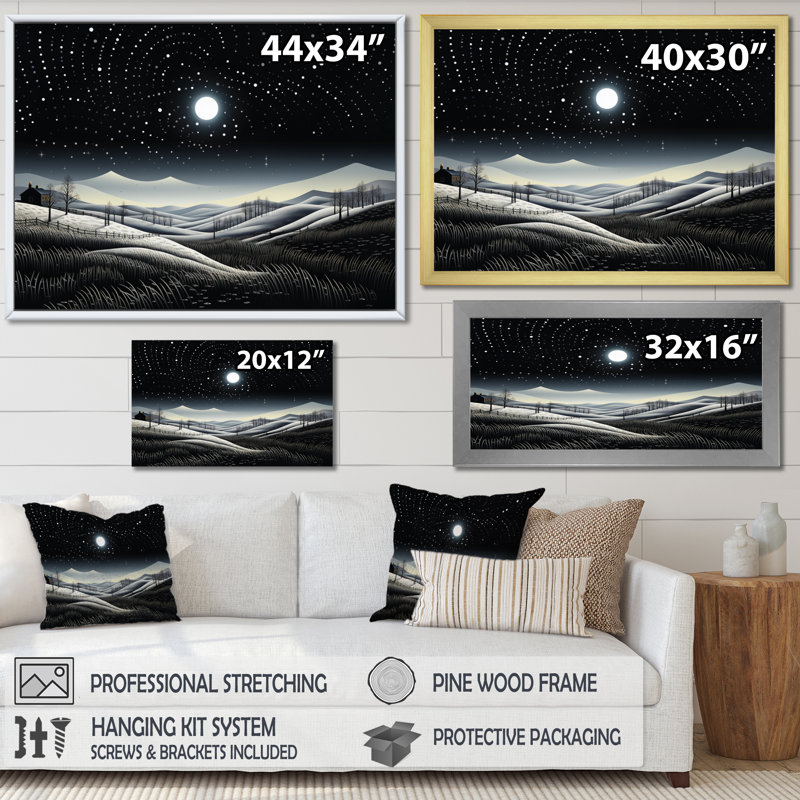 «Winter Farm», reproduction monochrome V, Cadre naturel flottant, H 30 po x l 40 po x P 1,5 po