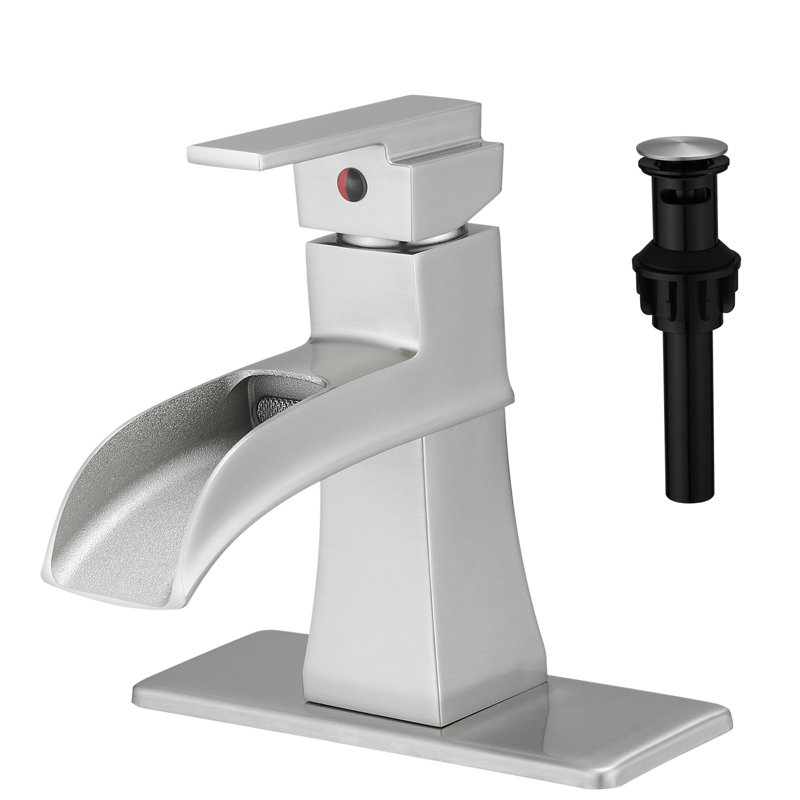 One Handle Bathroom Sink Tap, Waterfall Spout, Brushed Nickel Finish, Deck Plate, Pop Up Drain, Supply Lines, Hot And Cold Water Valve Mixer Tap Faucet, Basin Handle, Contemporary Faucet Design