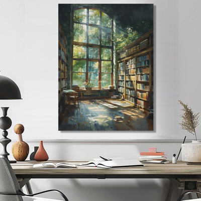 Green Brown Bookshelves Library Quiet Haven II - Libraries Wall Art Print