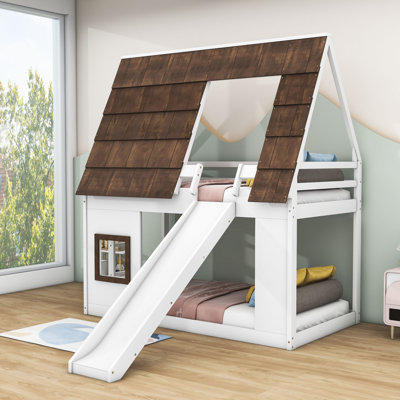 Minogue Kids Twin over Twin Wood House Bunk Bed with Roof, Ladder and Slide -  Harper Orchard, 6B05B26F7D6D4E3A97FB731FCDDDE083