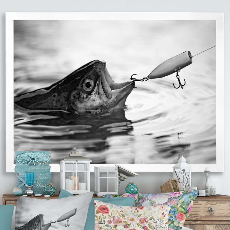 Catching Bass Fish - Fishing Framed Canvas Print Hunting Wall Art, White Single Picture Framed, 16" H x 32" W x 1" D