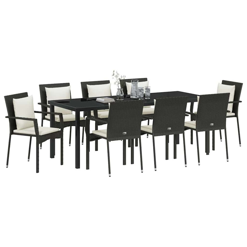  Ensemble de salle à manger de jardin avec coussin 9 pièces en rotin de polyester noir, Cream White Cushion/Black Frame, 8