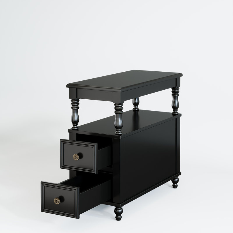 Table de chevet 2 tiroirs en bois massif pour chambre, Noir, Individuel