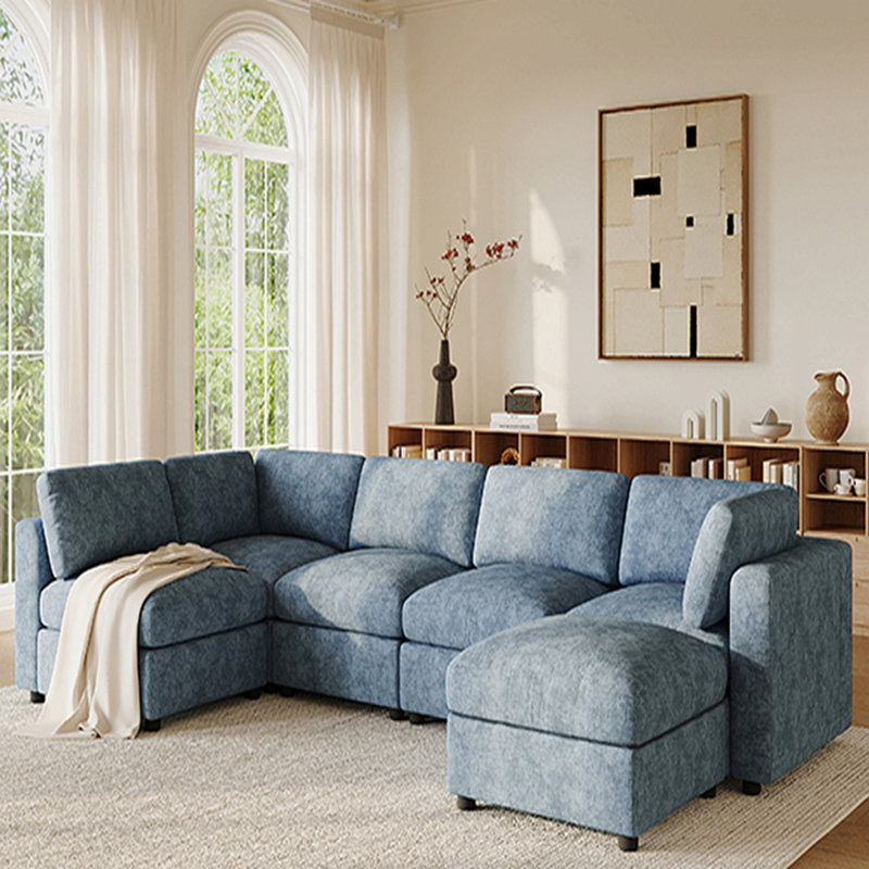 Canapé modulaire de 129 po, canapé-lit 6 places Cloud avec mousse haute densité, ensemble de canapé en chenille en U avec repose-pieds, combinaison libre, canapé-lit convertible pour salon, appartement