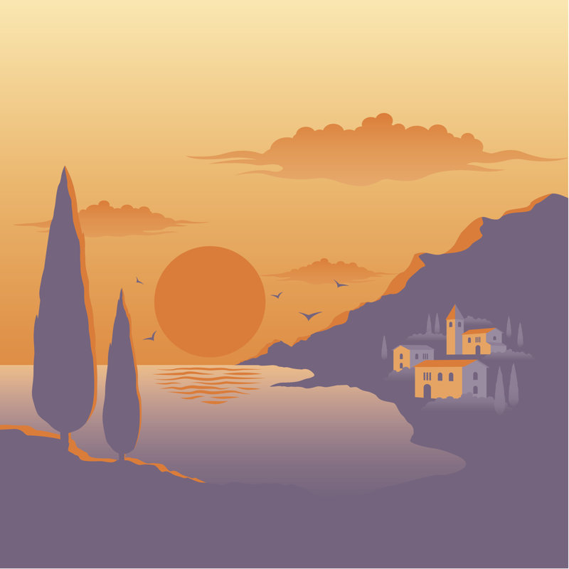 Derkovic, coucher de soleil méditerranéen sur toile par Iatsun, H 12 po x l 12 po