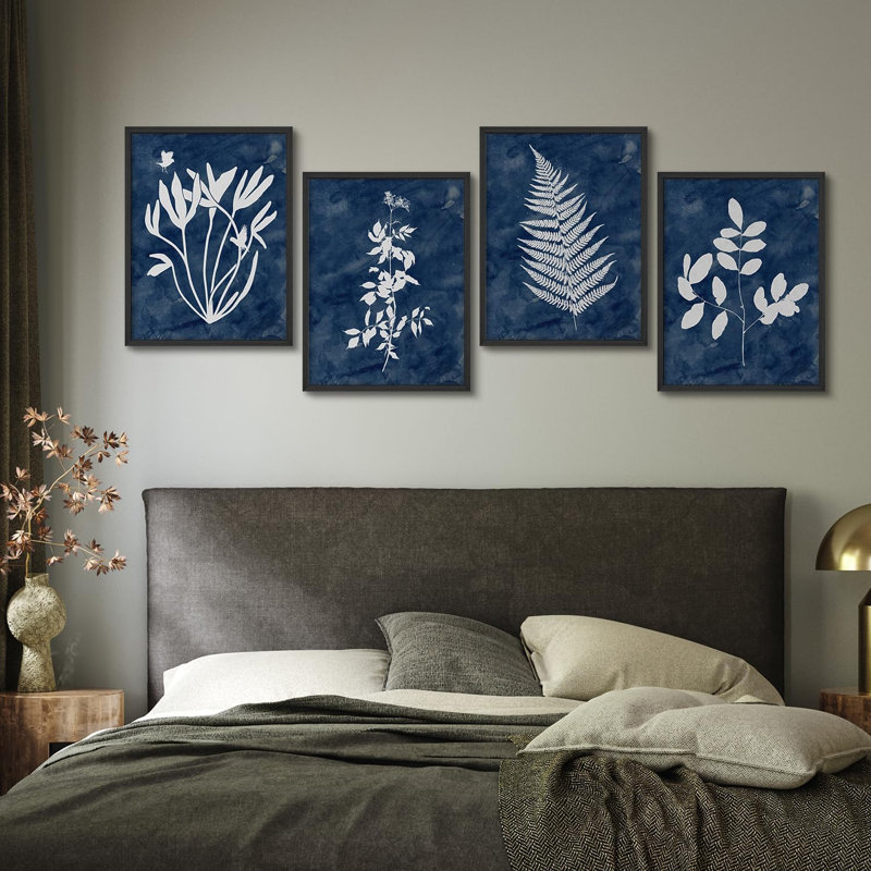 «Botanical Silhouette Blue and White Modern Artwork Minimalist Wall Art Decor», 4 pièces, Noir, H 28 po x l 22 po