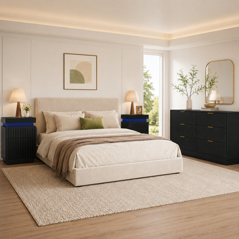 Ensemble de chambre à coucher moderne 3 pièces avec commode 6 tiroirs et 2 tables de bout, tables d'appoint USB-C