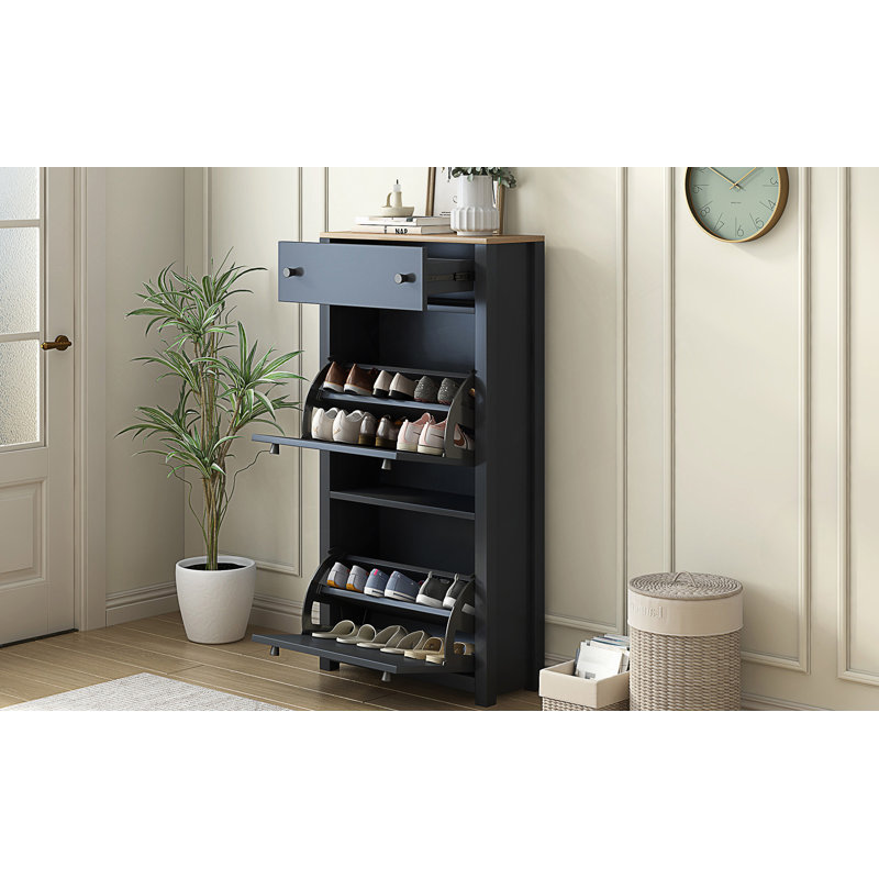 Functional Entryway Organizer With 2 Flip Drawers, Wood Grain Pattern Top Shoe Cabinet With Drawer, Free Standing Shoe Rack With Adjustable Panel For Hallway