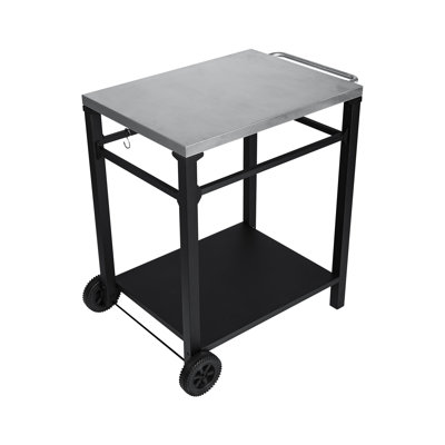 Chariot de barbecue extérieur à 2 niveaux avec plateau en acier inoxydable, grandes roues et crochets à outils, table de préparation de barbecue mobile, chariot de service roulant pour patio, cour arrière, support de four à pizza, noir