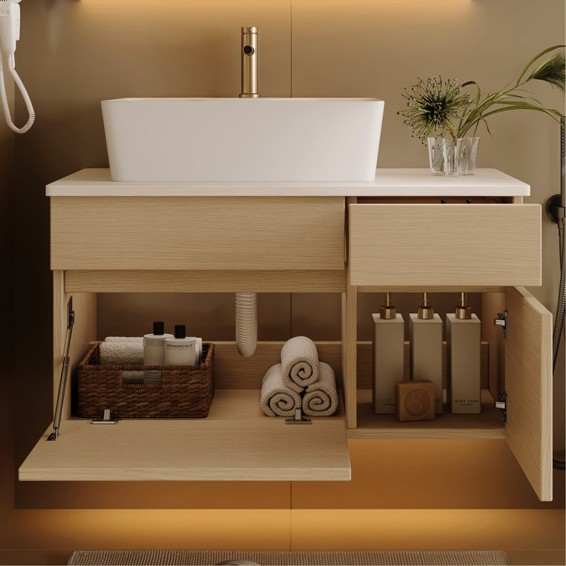 Meuble-lavabo de 31,5 po avec lavabo vasque, construction en bois massif, rangement intérieur en céramique classé pour petites salles de bain