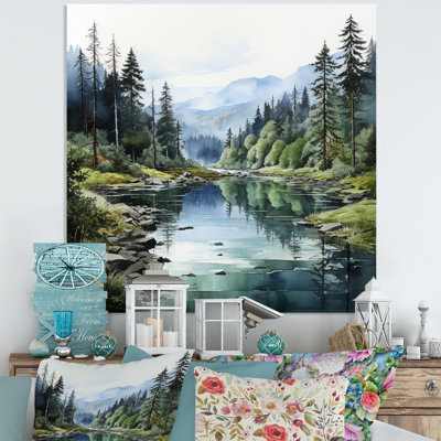 «Green Blue Minimalisme Forest Reflections - Minimalisme», reproduction d'art sur métal