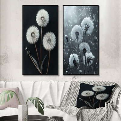 Elegant Monochrome White Black Dandelion Silhouette I - Dandelion Wall Art 2 Pieces Set