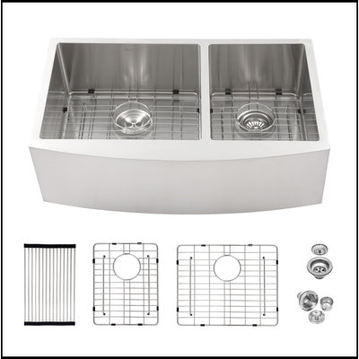 Farmhouse Sink - 33"X21"X10" Stainless Steel Apron Front Kitchen Sink 16 Gauge With Two 10" Deep Basin
