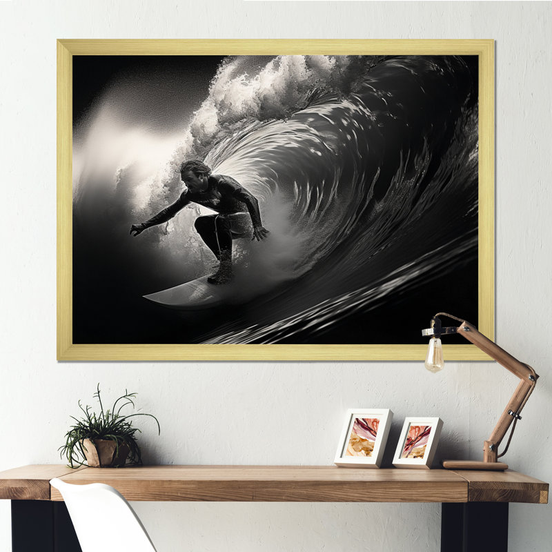 Surfers Paradise, vague grise I, Encadrement doré, H 34 po x l 44 po x P 1,5 po