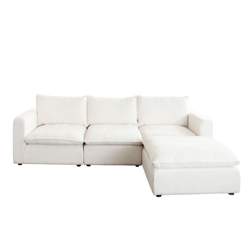 Agg 4Pc L Shaped Sofa Set, Ivory Faux Shearing Fabric, 2 Accent Pillows