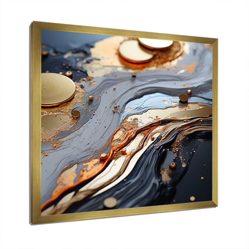Or et gris, formes liquides modernes II - décoration murale abstraite, H 16 po x l 16 po x P 1 po, Cadre doré simple