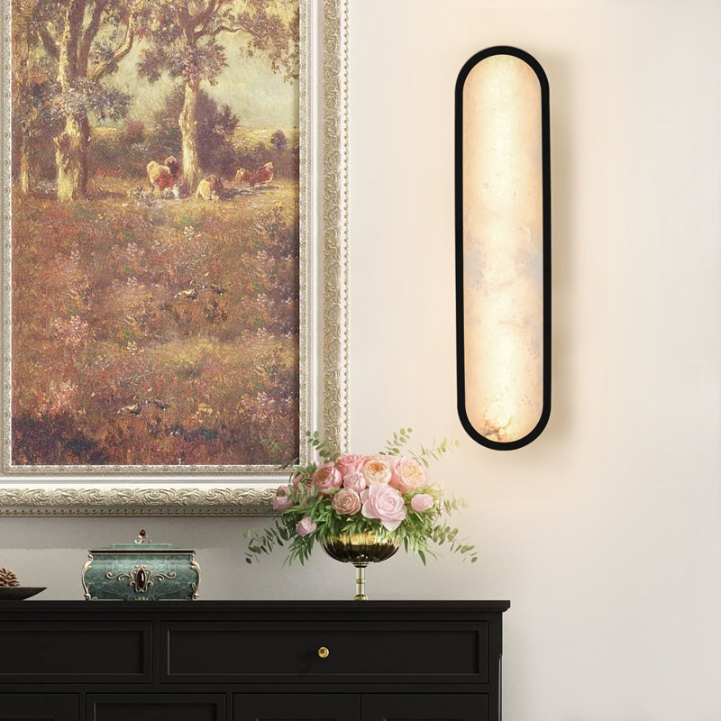 Dimmable Led Wall Mounted Sconce With Alabaster Shade, Matte Black
