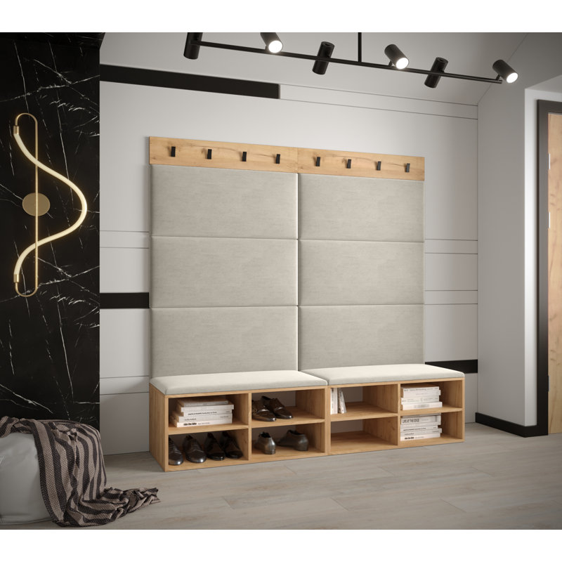 Jakab Hall Tree 168cm Wide with Bench and Shoe Storage, Oak/Beige