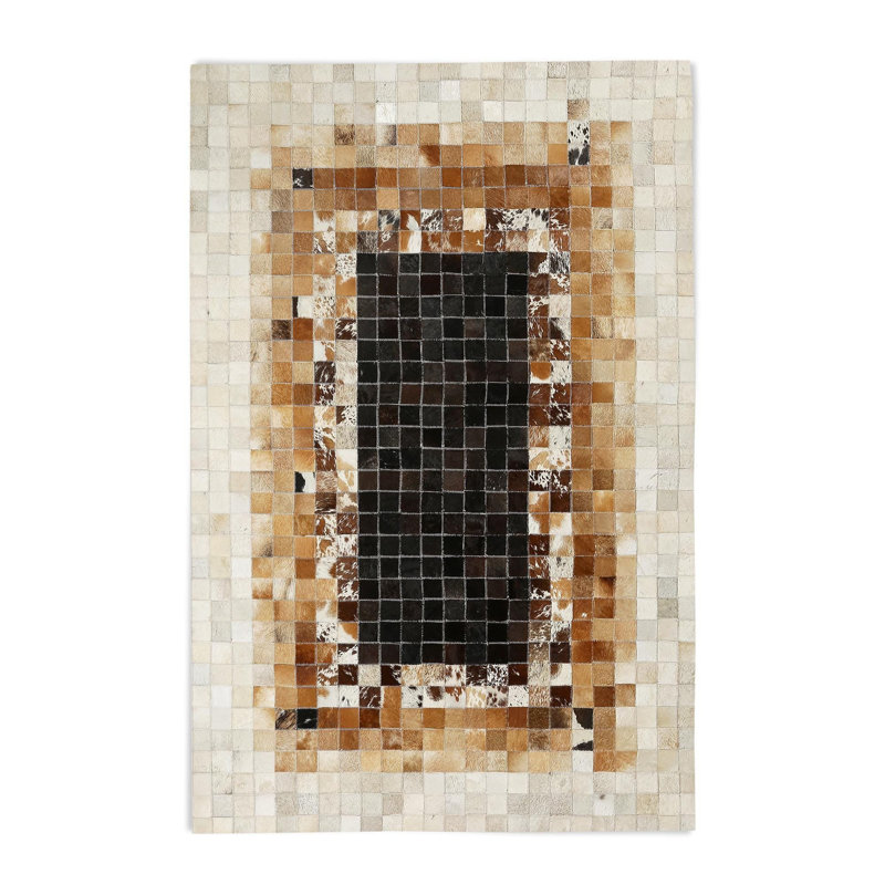 Tapis en cuir de vache beige et brun, Rectangle 9'6" x 13'6"