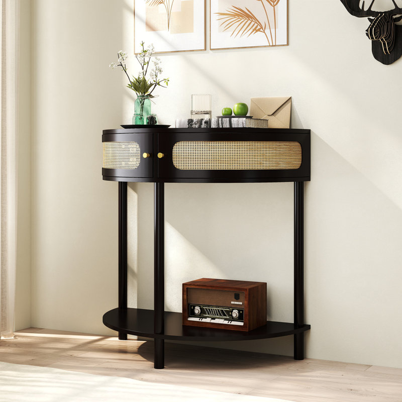 Unique Half Moon Design End Table With Sliding Rattan Door,Elegant Semi-Circle Entryway Console Table With 2 Rattan Storage Cabinet And Bottom Shelf