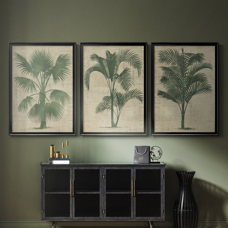 «Burlap Palm Silhouette I», toile tendue avec châssis sur mesure - 3 pièces, H 27 po x l 57 po, Noir, noir, noir, noir