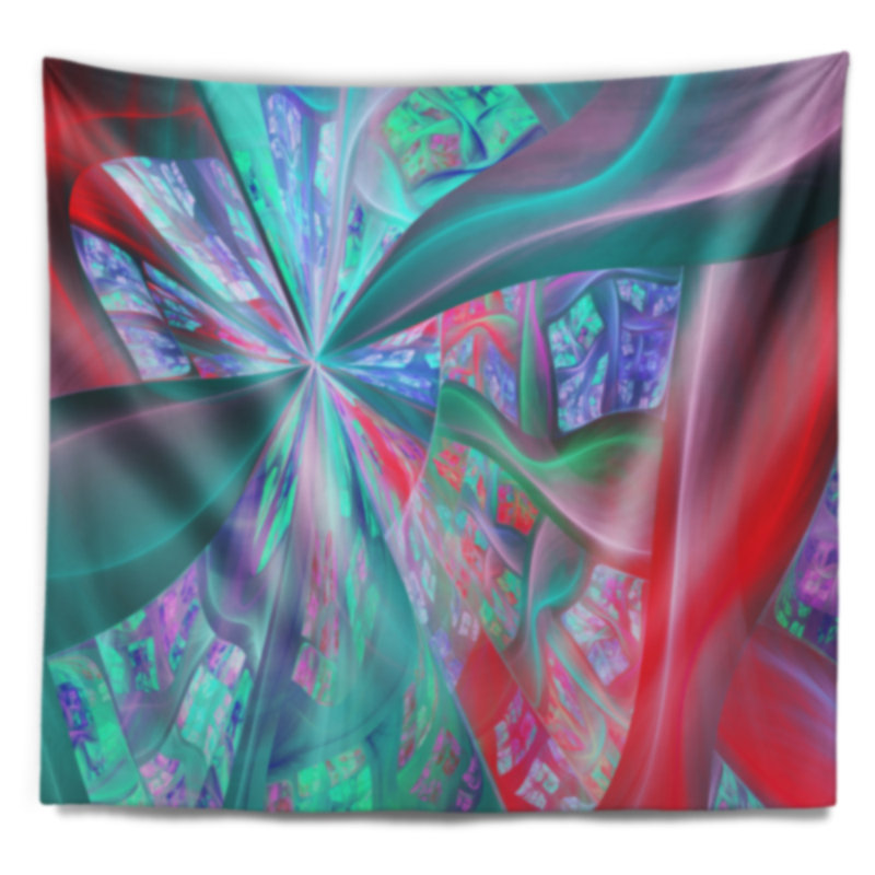 Tapisserie abstraite, rouge, bleu, fractale, plante exotique, H 32 po x l 39 po
