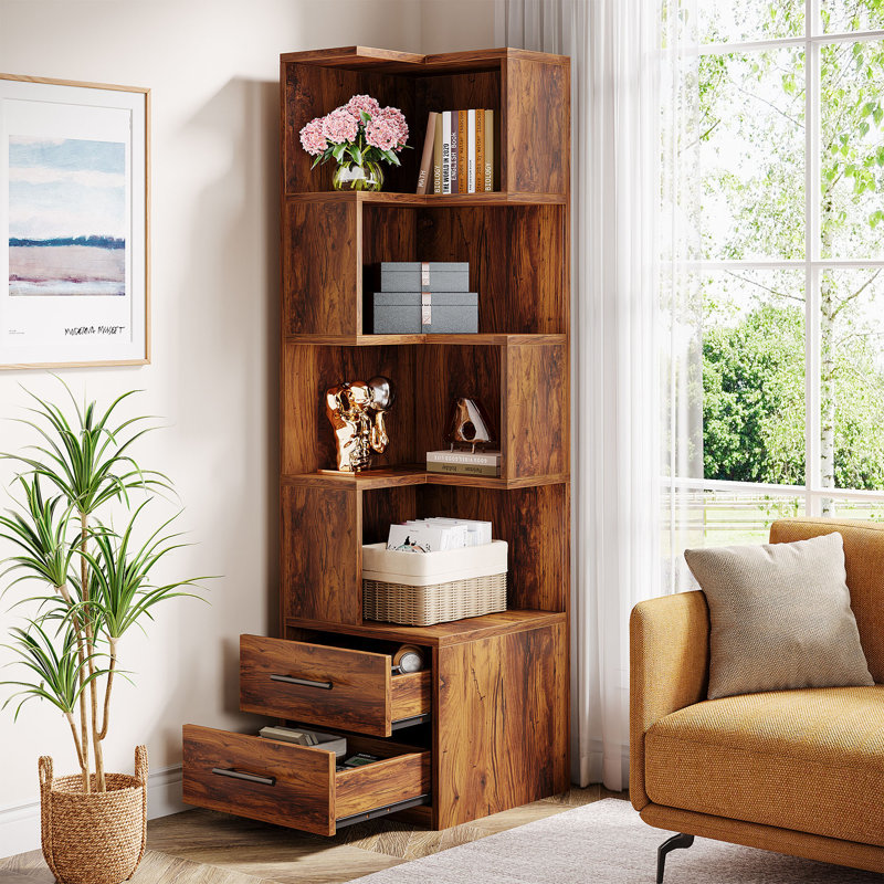 66.92" H 5-Tier Corner Bookcase with 2 Drawers, Brown
