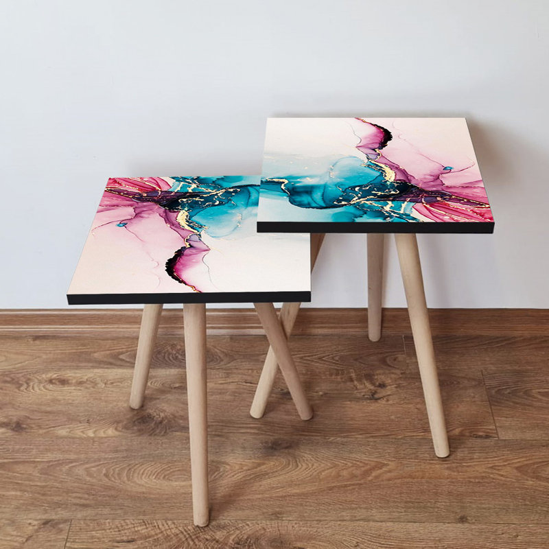 Modern Nesting Table Set (2 Pieces), Abstract Design, Beech Wood Legs, 13.8 x 18.5 x 13.8 in & 13.8 x 16.5 x 13.8 in | 100% MDF Construction, 0.7 in Thickness | Ideal for Living Room, Stylish & Functional