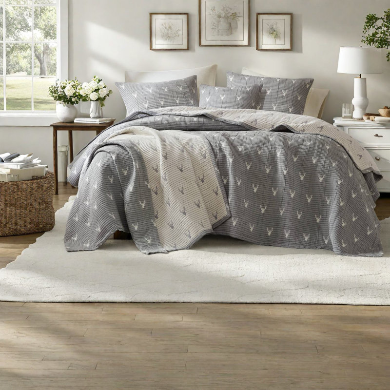 Rustic King/cal King Bedding Sets, Soft Polyester Coverlet With Stag Head Design