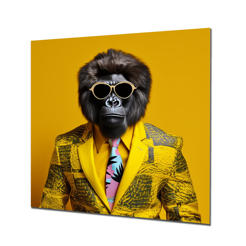 Jaune gorille en costume I - art mural Gorillamétal, H 16 po x l 16 po x P 1 po