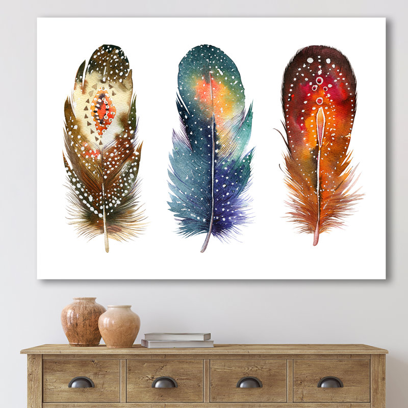 Ensemble de plumes colorées Boho - Impression sur toile, Toile tendue, H 24 po x l 36 po x P 1,5 po