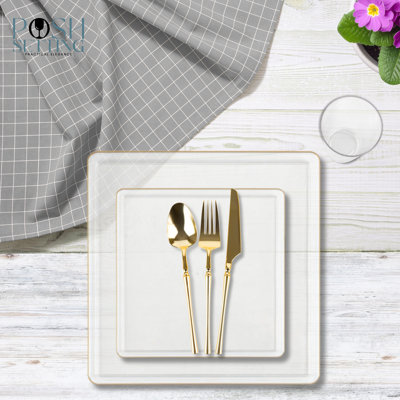 Posh Setting 840 Piece Clear And Gold Plastic Party Bundle - Square Edge (120 Settings)