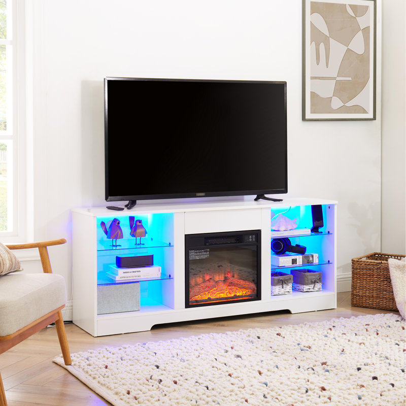 Meuble télé électrique pour foyer avec température réglable - l 58 po x P 15,5 po x H 24,4 po, console blanche, l 58 po, flamme, 62 po