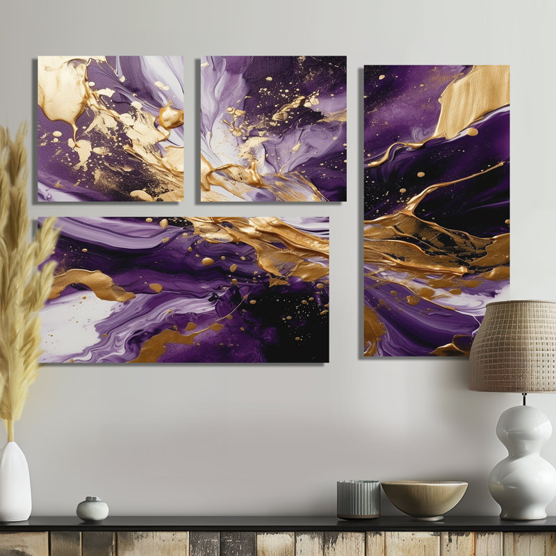 Mauve et or liquide Magic III - art mural moderne mauve 4 pièces, Toile tendue, Ne s’applique pas