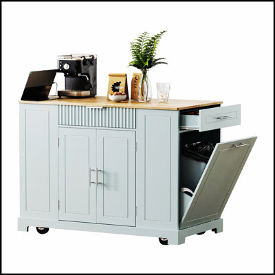 Fluted Kitchen Island with Trash Can Storage, Power Outlets, and Rolling Wheels for Enhanced Mobility and Organization