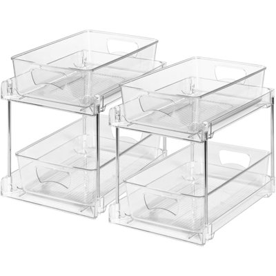 2-Pack Clear 2-Tier Under Sink Pull-Out Organizer, Plastic Drawers For Bathroom And Kitchen Storage