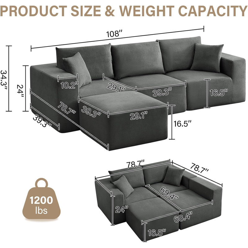 Canapé modulaire surdimensionné de 108 po Cloud, Velours noir